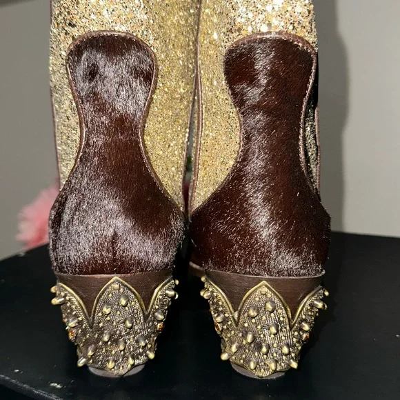 Giuseppe Zanotti Gold Sparkle and Brown Heeled Boots - Picture 3 of 6
